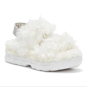 UGG Fluff Sugar Sandals Faux Fur Slides Straps Slingback Logo Platform Fluffy